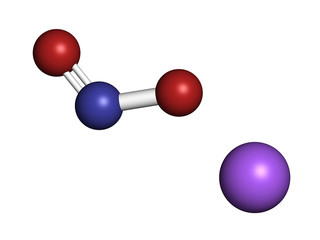Sodium nitrite, chemical structure. Used as drug, food additive (E250), etc. 3D rendering. Atoms are represented as spheres with conventional color coding.