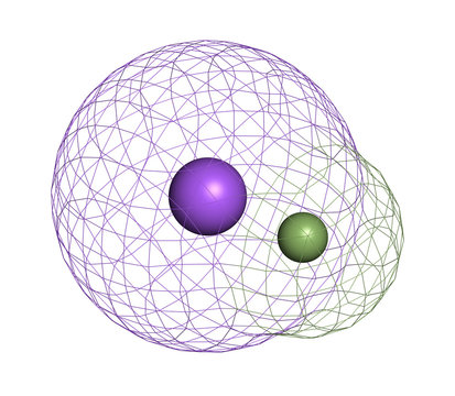 Sodium fluoride, chemical structure. 3D rendering. Atoms are represented as spheres with conventional color coding: sodium (blue), fluorine (light green).