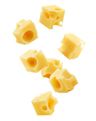 Falling cheese cube, isolated on white background, clipping path, full depth of field