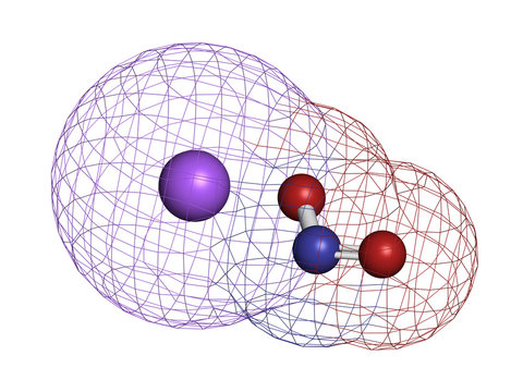 Sodium nitrite, chemical structure. Used as drug, food additive (E250), etc. 3D rendering. Atoms are represented as spheres with conventional color coding.