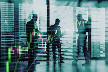 Traders discuss a trading plan. Stock market.