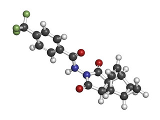 Tecovirimat antiviral drug molecule. 3D rendering. Atoms are represented as spheres with conventional color coding: hydrogen (white), carbon (grey), nitrogen (blue), oxygen (red), etc
