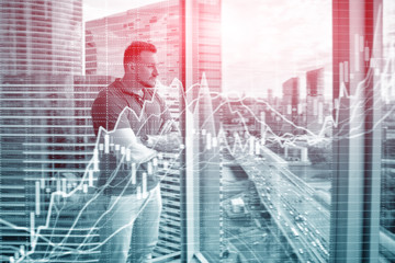 Growing stock chart. Businessman on city background. Double exposure