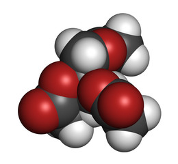 Triacetin (glycerin triacetate) molecule. 3D rendering. Atoms are represented as spheres with conventional color coding: hydrogen (white), carbon (grey), oxygen (red).
