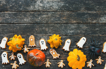 Halloween Jack o Lantern pumpkin candy bowl with candy and halloween cookies Trick or Treat 