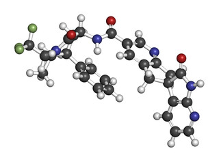 Ubrogepant migraine drug molecule (CGRP receptor antagonist). 3D rendering. Atoms are represented as spheres with conventional color coding: hydrogen (white), carbon (grey), nitrogen (blue), etc