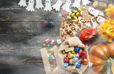 Halloween Jack o Lantern pumpkin candy bowl with candy and halloween cookies Trick or Treat 
