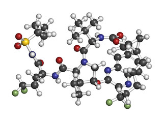 Voxilaprevir hepatitis C drug molecule. 3D rendering. Atoms are represented as spheres with conventional color coding: hydrogen (white), carbon (grey), nitrogen (blue), oxygen (red), etc