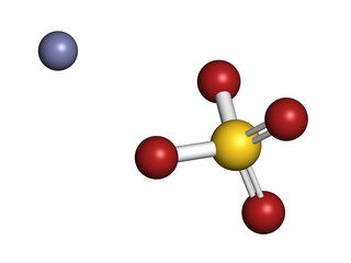 Zinc sulfate, chemical structure. 3D rendering. Atoms are represented as spheres with conventional color coding: sulfur (yellow), oxygen (red), zinc (blue-grey).