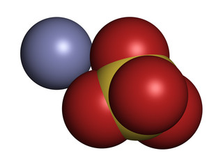 Zinc sulfate, chemical structure. 3D rendering. Atoms are represented as spheres with conventional color coding: sulfur (yellow), oxygen (red), zinc (blue-grey).