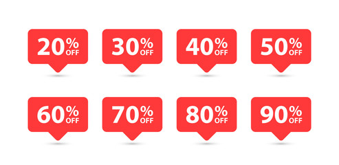 Set of tag sale label. Grunge stamps, badges and banners. Special offer, hot sale, Best price. 20, 30, 40, 50, 60, 70, 80, 90 percent. Vector illustration.
