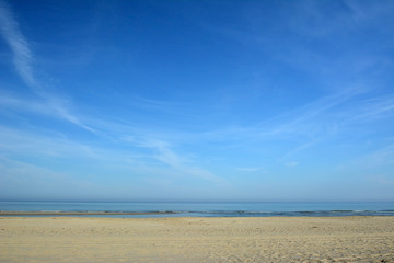Empty sand beach and ocean with bright blue sky on a sunny summer day on island Texel in North Netherlands