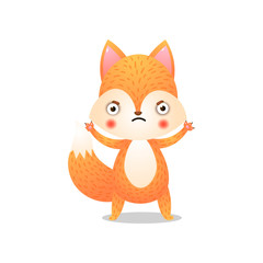 Cute fox in protective pose. Raster illustration in flat cartoon style on white background