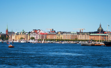 Fototapeta na wymiar View of the summer Stockholm with ships and boats.