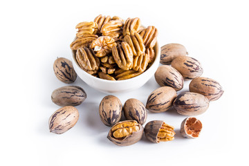 Organic pecan nuts on a white background
