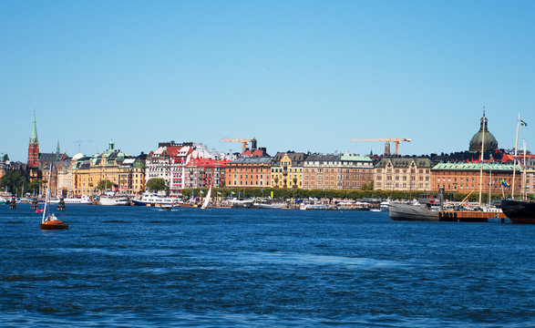 View of the summer Stockholm with ships and boats.