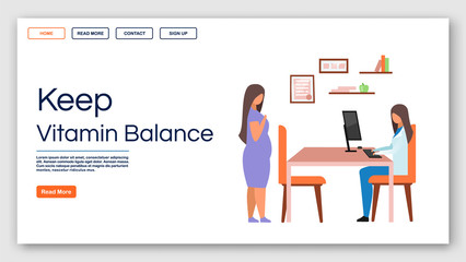 Female vitamin balance landing page vector template. Consulting nutritionist website interface idea with flat illustrations. Fighting obesity homepage layout. Web banner, webpage cartoon concept