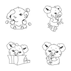 Cute koala kawaii linear characters pack. Adorable and funny animal sitting on branch, eating ice cream isolated stickers, patches. Anime baby koala doodle emojis thin line icons set
