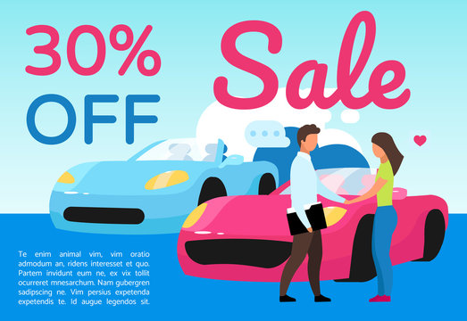 Car dealership sale brochure template. Flyer, booklet, leaflet concept with flat illustrations. Vector page layout for magazine. Vehicle showroom discount advertising leaflet with text space