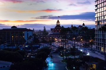 Panorama of Hotel Del Coronado at Sunset, San Diego, California. Popular hotel, wedding, honeymoon destination along the beach 