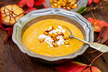 Butternut squash soup with feta crumbled on top