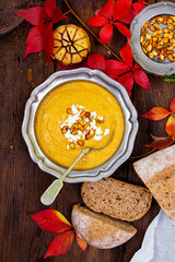 Butternut squash soup with feta crumbled on top