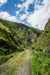  Truso Valley and Gorge area landscape on trekking / hiking route, in Kazbegi, Georgia. Truso valley is a scenic trekking route close to the border of North Ossetia.