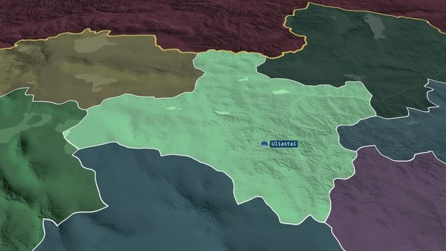 Dzavhan - province of Mongolia with its capital zoomed on the administrative map of the globe. Animation 3D