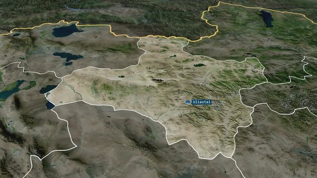 Dzavhan - province of Mongolia with its capital zoomed on the satellite map of the globe. Animation 3D