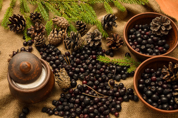 Black mountain ash, pine cones and branches on the background of burlap. Preparations for the winter. Gift of nature.
