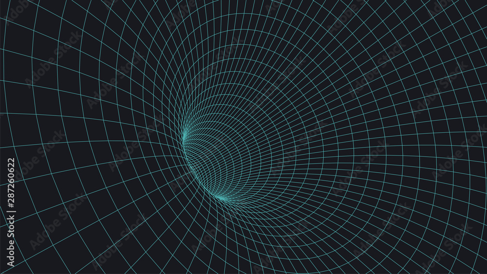 Aufkleber Wireframe 3D tunnel. Perspective grid background texture. Meshy wormhole model. Vector Illustration.