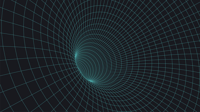 Wireframe 3D tunnel. Perspective grid background texture. Meshy wormhole model. Vector Illustration.