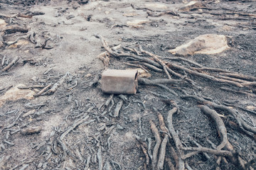 Can of burned gasoline found in the remains of a forest fire.