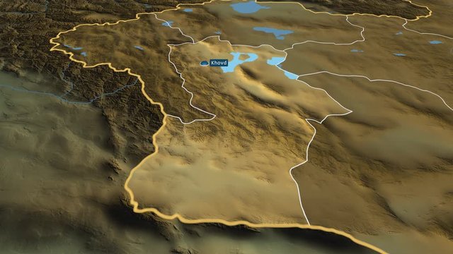 Hovd - province of Mongolia with its capital zoomed on the physical map of the globe. Animation 3D