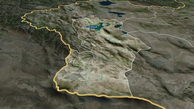 Hovd - province of Mongolia with its capital zoomed on the satellite map of the globe. Animation 3D