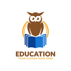 Education logo design template, book and owl icon stylized