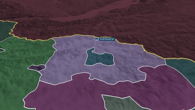 Selenge - province of Mongolia with its capital zoomed on the administrative map of the globe. Animation 3D