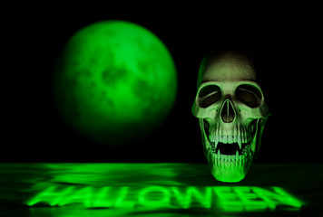 Vampire skull on black with green moon, halloween background concept - 3d render