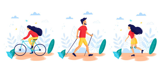 Healthy lifestyle. Different physical activities: roller skates, nordic walking. Flat vector illustration.