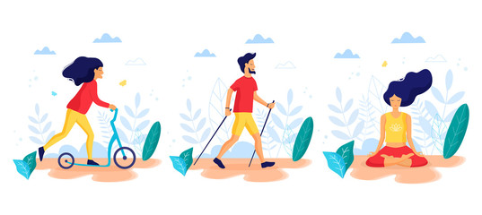 Healthy lifestyle. Different physical activities: kick scooter, nordic walking, meditating. Flat vector illustration.