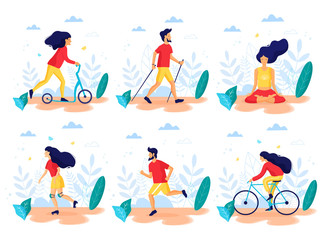 Healthy lifestyle. Different physical activities: kick scooter, nordic walking, meditating, roller skating, cyckling, running. Flat vector illustration.