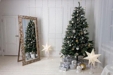 decorated interior for christmas and new year celebration. Cozy festive room concept