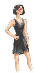 Pretty woman in short black dress. Ink and watercolor illustration