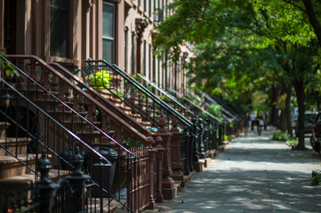 Scenic view of a classic Brooklyn brownstone block with a summer greenery along the stoop balustrades in New York City - obrazy, fototapety, plakaty