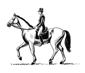 Gentleman riding a horse. Ink black and white drawing
