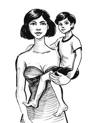 Mother holding a child. Ink black and white drawing
