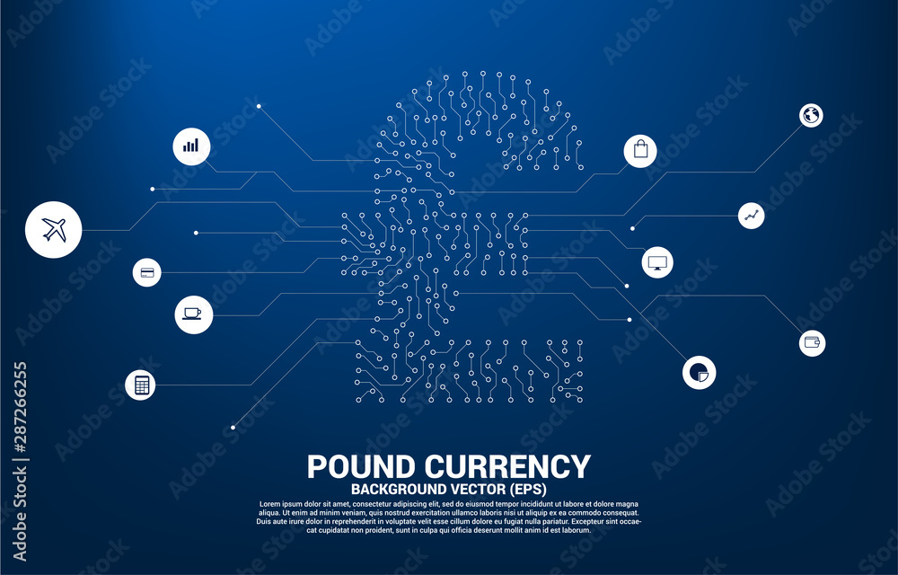 Poster vector pound sterling currency money icon from circuit board style dot connect line. concept for dig