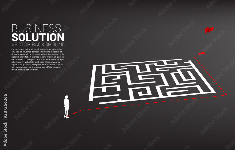 Poster Silhouette of businessman with route path go around the maze to goal. Business concept for problem solving and finding idea.
