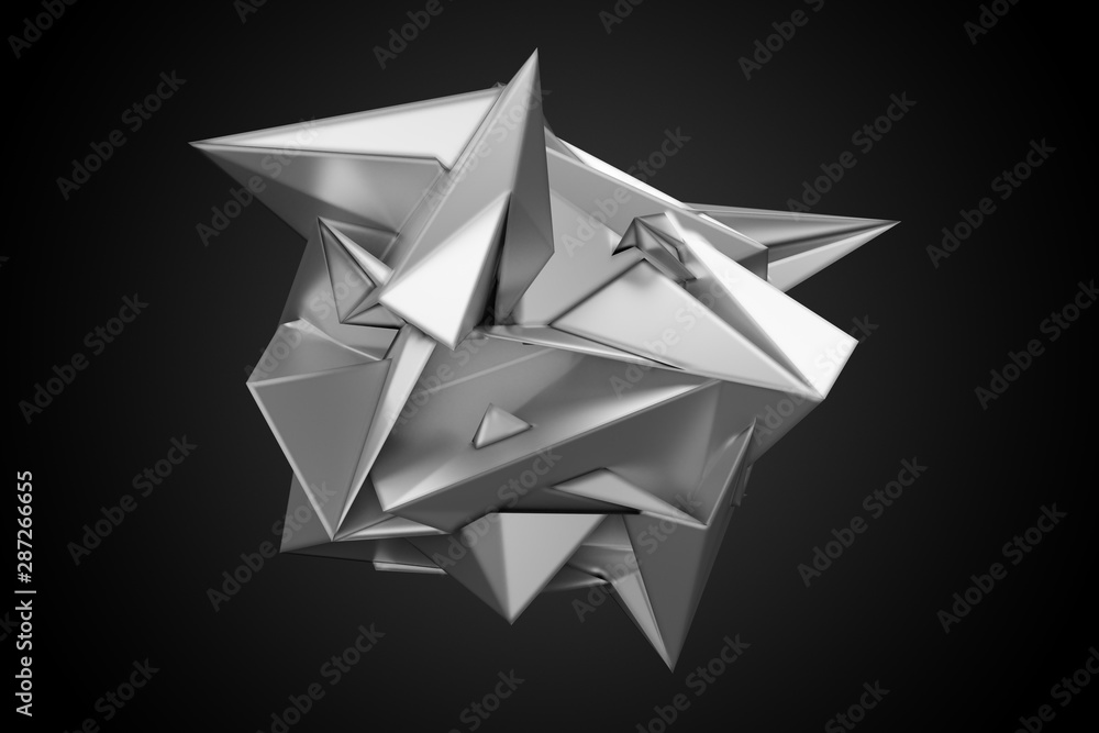 Poster futuristic chaos silver metallic shiny crystal abstract object with spikes over dark background - 3d