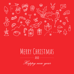 Merry Christmas postcard on cute doddle christmas element pattern in vector illustration